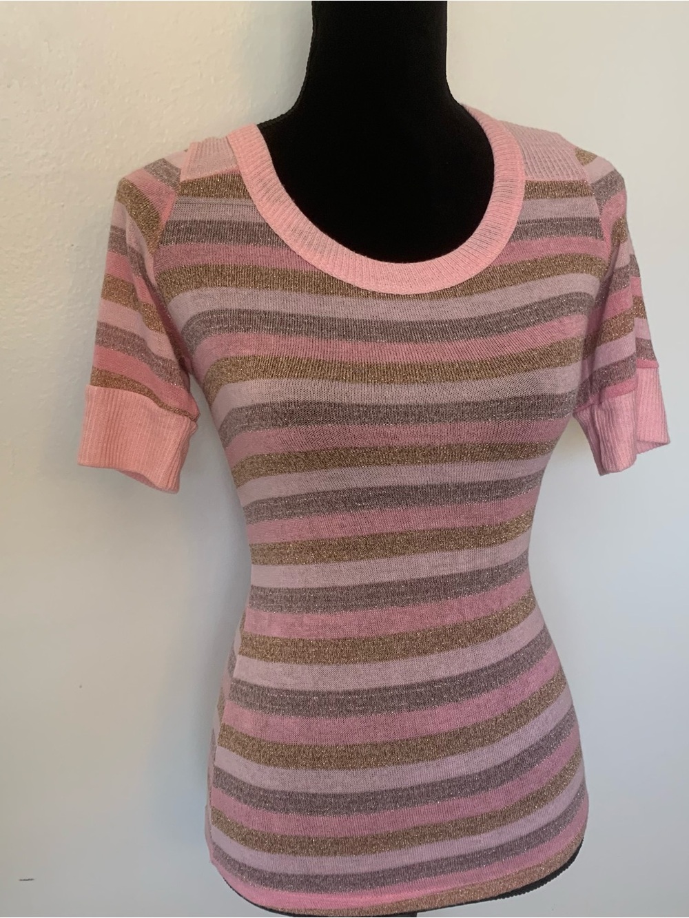Chocolate Pink Striped Knit Top with Metallic Gold Thread